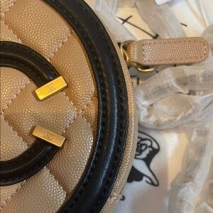 CHANEL STYLE Quilted Round Tan and Black Crossbody Bag